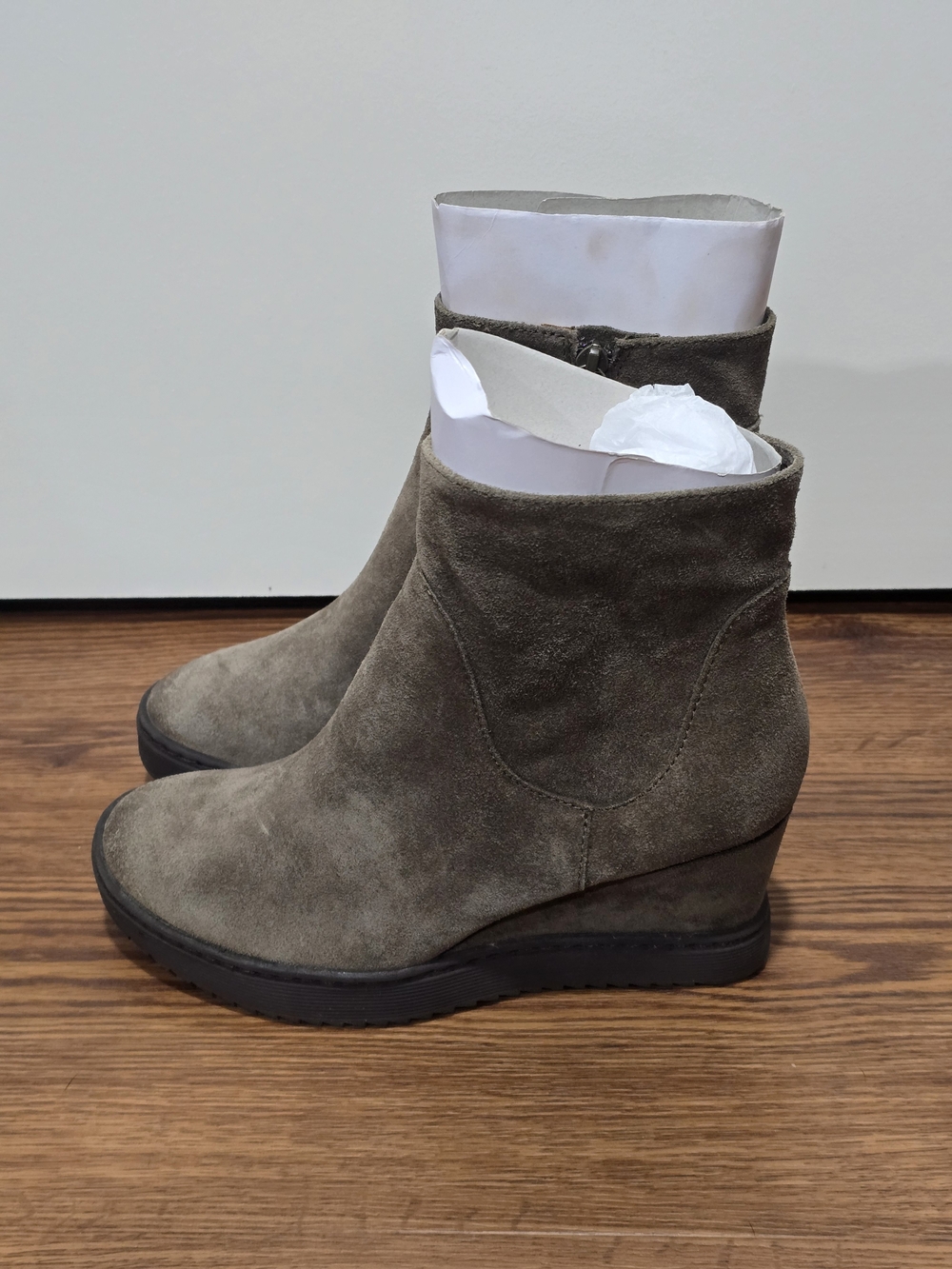 Sofft Olive Taupe Suede Wedge Ankle Boots